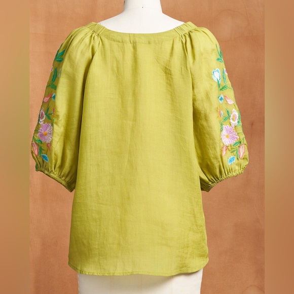 Sundance Embroidered Kiwi Green Top Size Medium Puff Sleeves - Picture 3 of 9